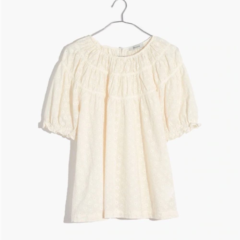 Madewell Daisy Embroidered Shirred Puff-Sleeve Top
